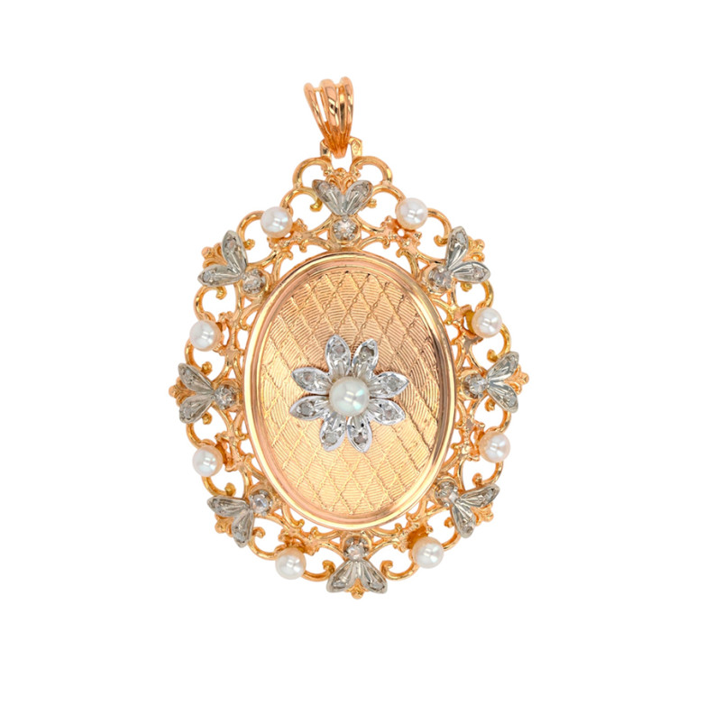 Pendentif vintage cassolette roses de diamants et perles  2 ors 14.49g Comme neuf -  reconditionné disponible sur Gemme Les Bijoux